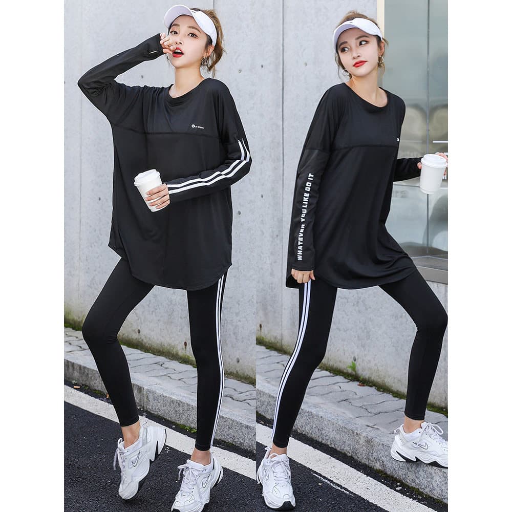 Esportes de Fitness terno feminino primavera outono manga comprida solto Hip-cobrindo secagem rápida topo roupas de Yoga