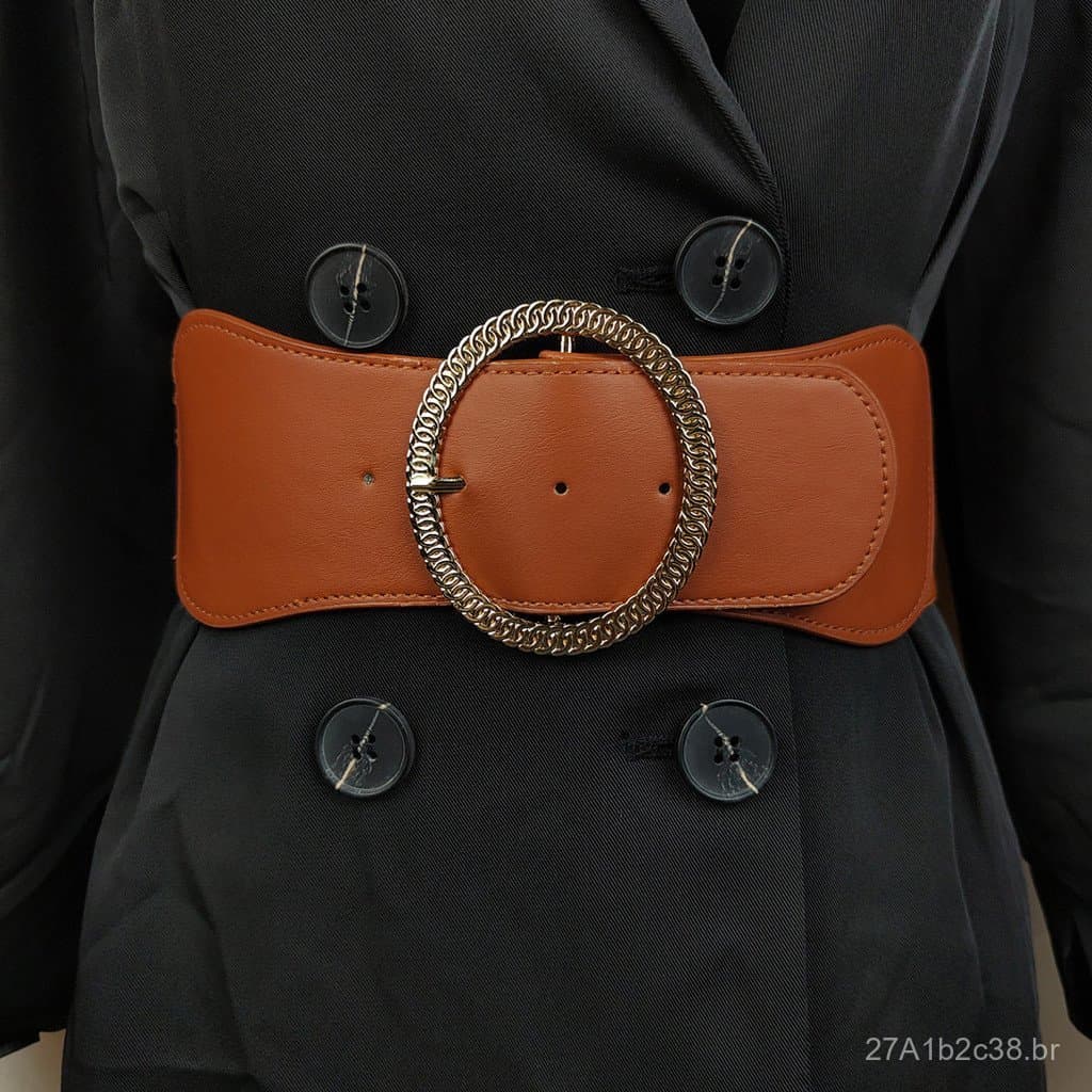 Cinto elástico largo com fivela redonda e elegante para decoração de estilo casual, cinto largo personalizado para roupa