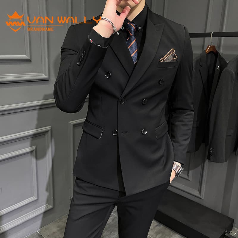 Terno duplo Breasted masculino terno noivo terno de casamento negócios Casual Formal terno fino-ajuste preto terno de tr