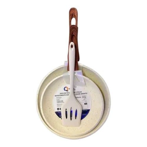 Conjunto Frigideiras Antiaderentes Bege Com Espatula Utensilios Cozinha Duraveis
