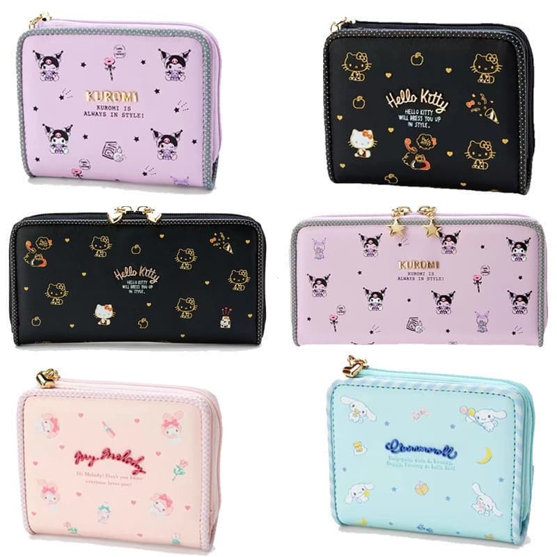 Carteira PU My Melody Cinnamoroll Hello Kitty Kuromi, Porta-cartões Dobrável com Zíper para Mulheres, Presente Fofo 8434