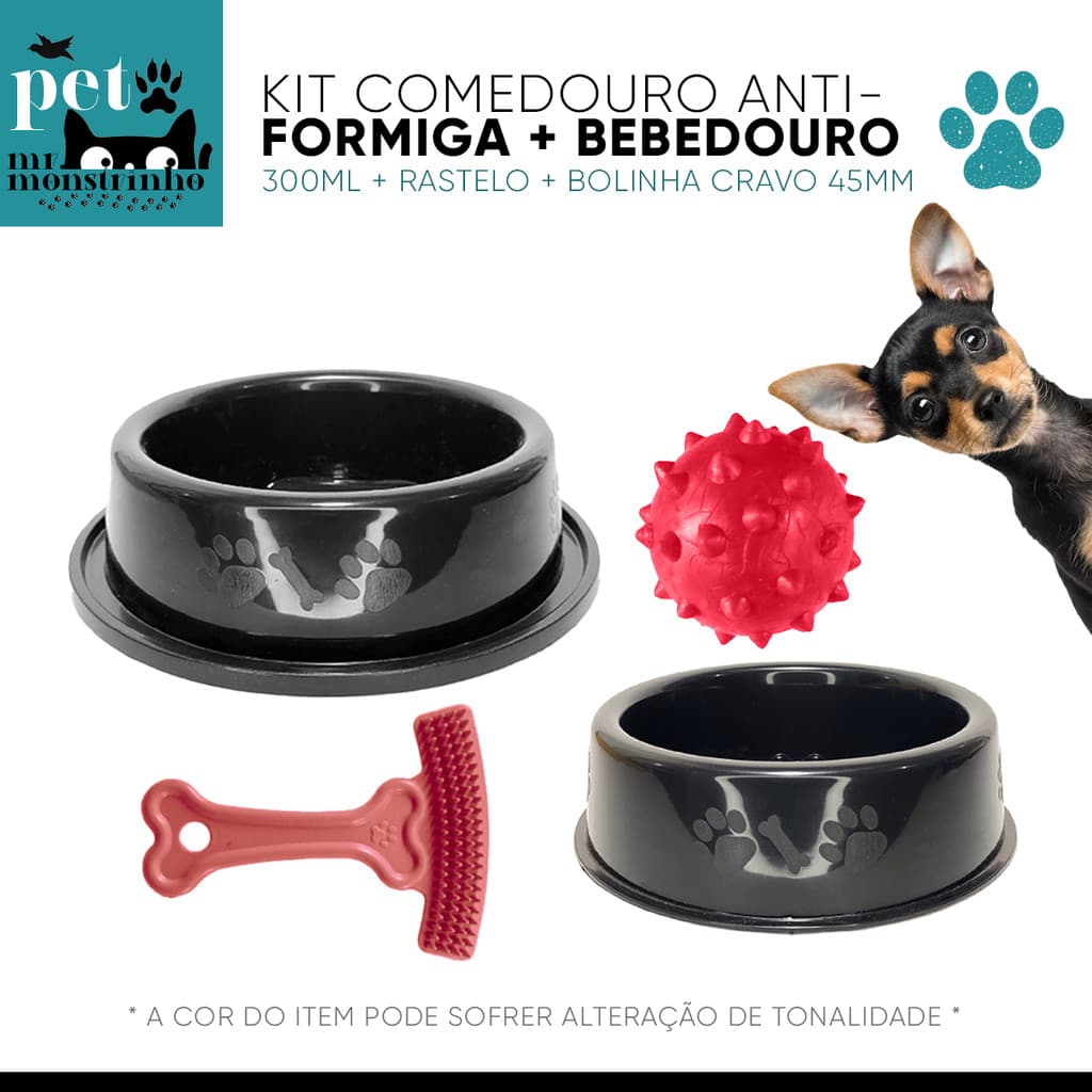 Kit Comedouro Bebedouro Anti-formiga Pote Vasilha Pet para Ração Brinquedo Escova para Chihuahua Pinscher Yorkshire