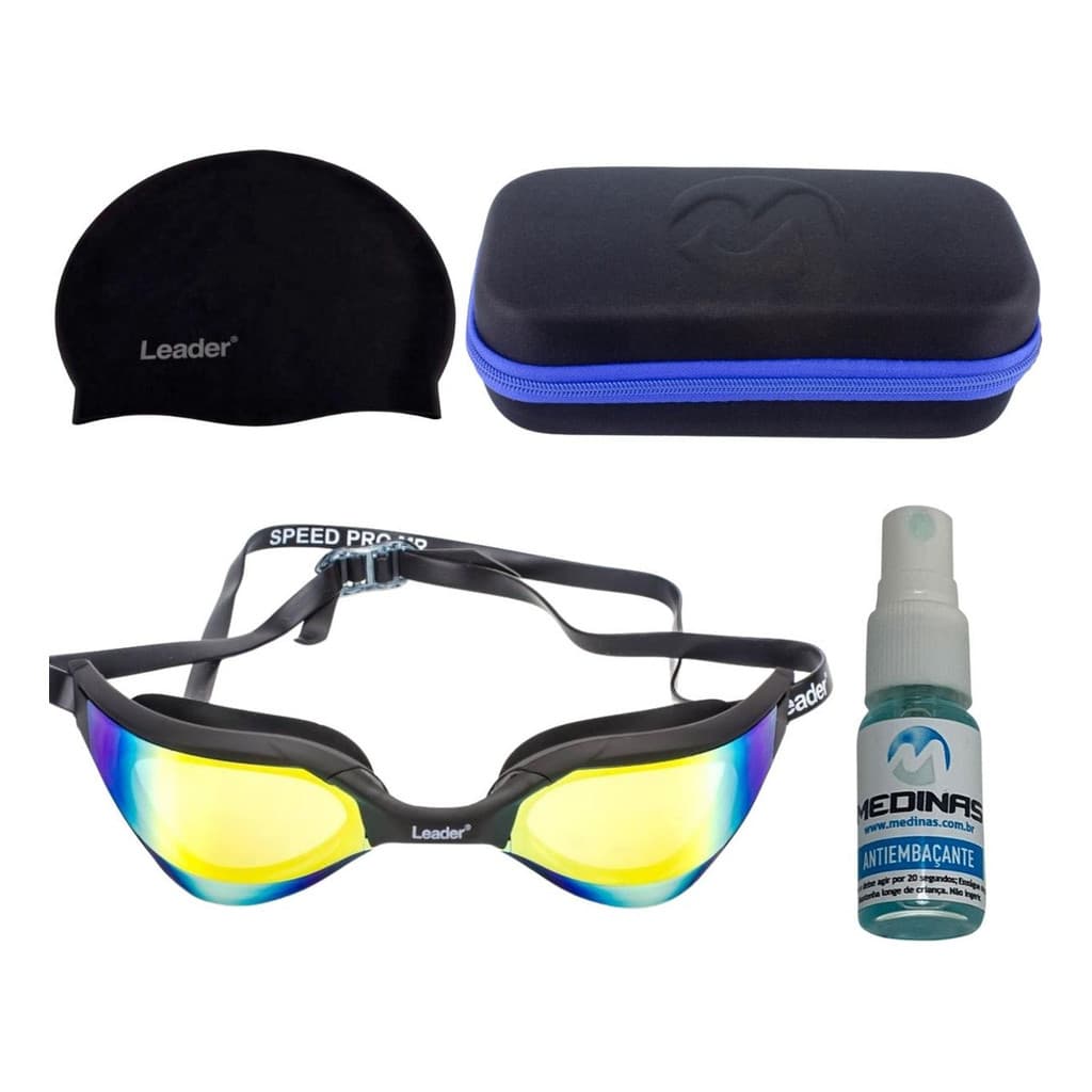 Oculos Natação Leader Speed Pro Preto + Case Medinas Azul + Touca Silicone + Brinde