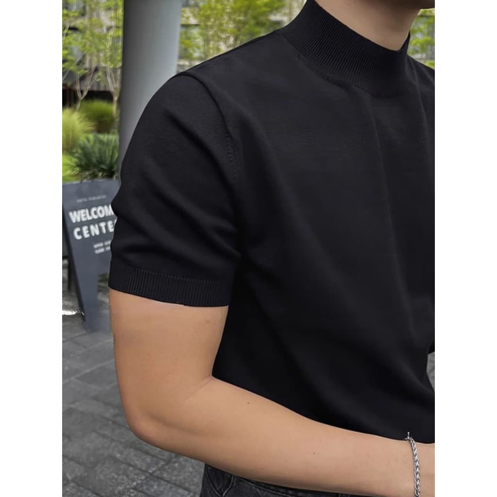 Preto meia gola alta pulôver de malha camiseta masculina estilo americano camisola de manga curta na moda magro-ajuste B