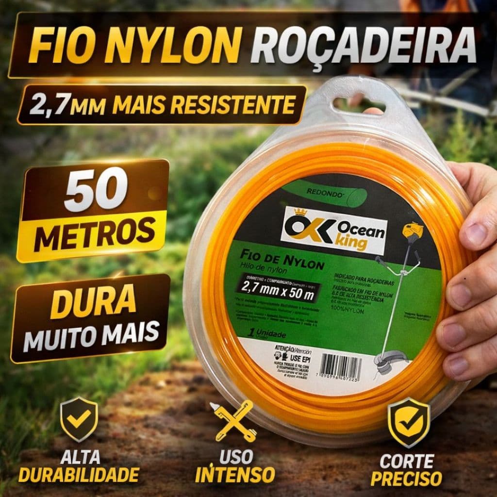 Fio Roçadeira 2.7mm 50 Metros Nylon Resistente Corte Forte Profissional