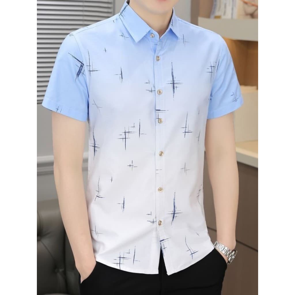 Camisa de manga curta de seda gelo masculina verão cor gradiente versão coreana magro ajuste na moda camisa juventude bo