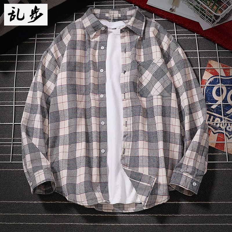 Ranbu camisa xadrez jaqueta masculina de manga comprida versão coreana na moda literária Harajuku Casual frente curta vo