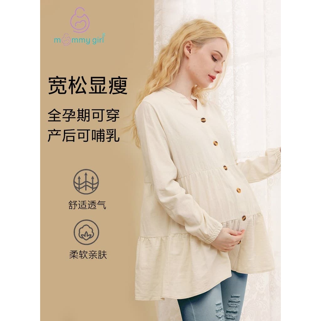 Algodão roupa de maternidade comprimento médio Hip-cobrindo topo primavera outono camisa com decote em v tamanho grande