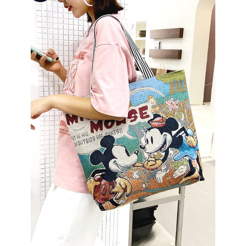 Bolsa de lona feminina moda Casual bolsa de ombro trabalho sacola sacola sacola de lona dos desenhos animados saco borda