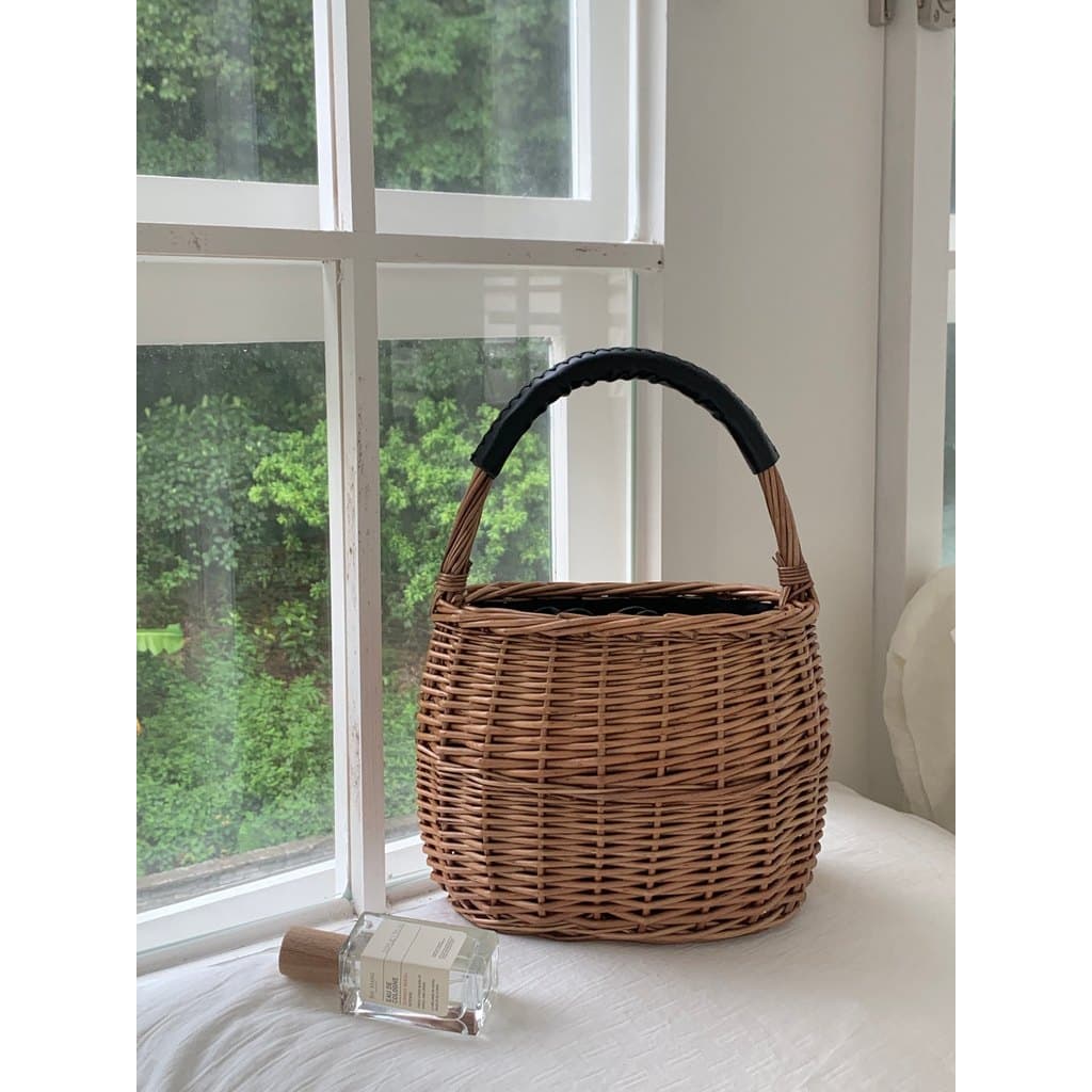 CHAWOOL estilo japonês portátil Rattan saco francês Retro alça de couro cesta vegetal piquenique saco de palha balde tec