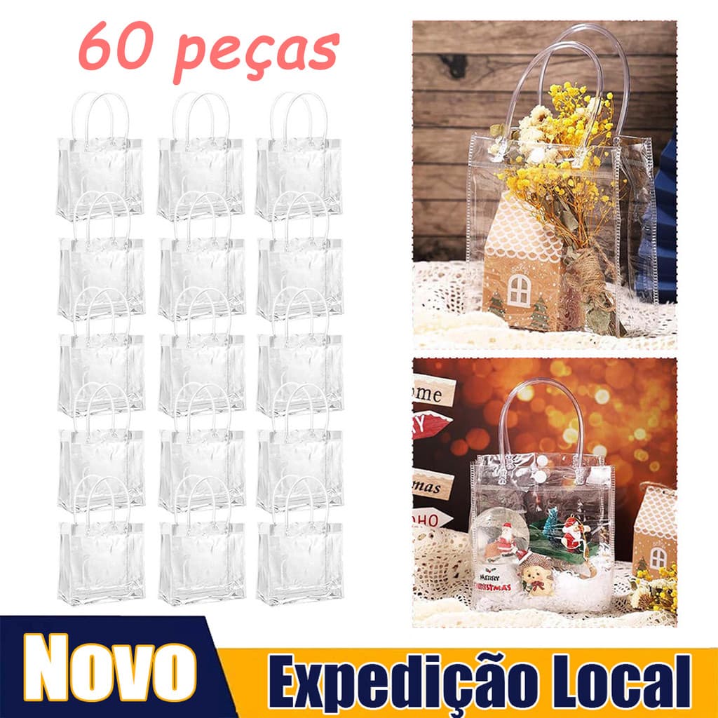 60 peças de 16*15*7cm sacos de presente portáteis transparentes,sacos de plástico,sacos de presente de PVC reutilizáveis