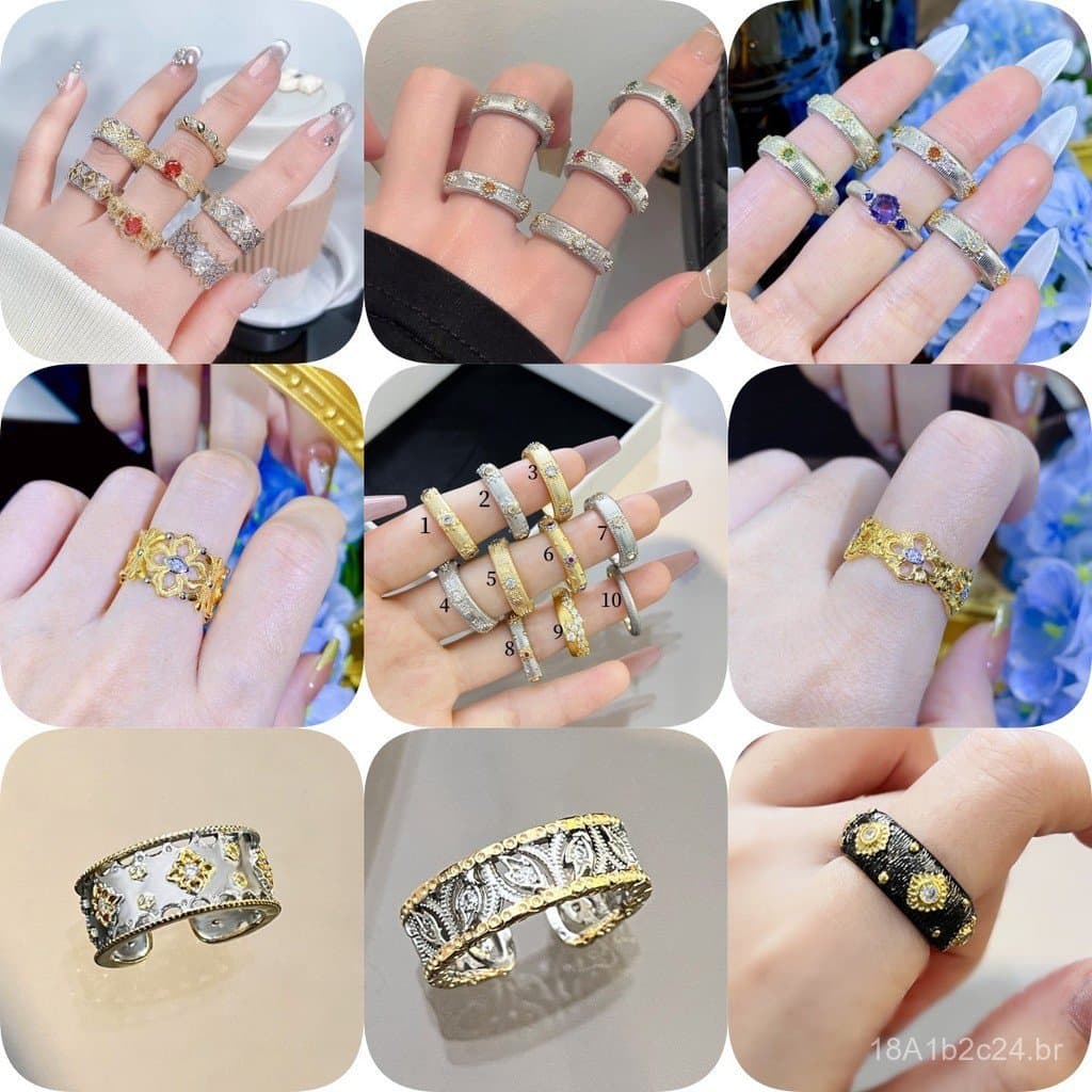 Anel vintage francês com acabamento galvanizado e padrão floral antigo, joia elegante para mulheres, estilo de luxo disc