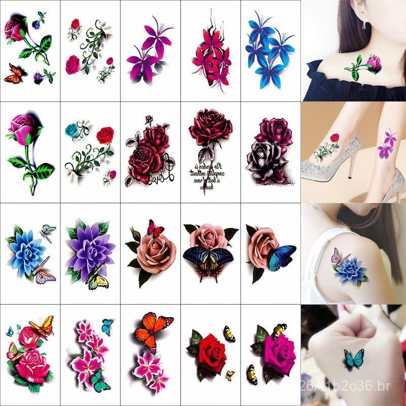 [Pacote de 20 peças] Adesivos de tatuagem tridimensionais 3D, à prova d'água, de longa duração, com design de flor de ro