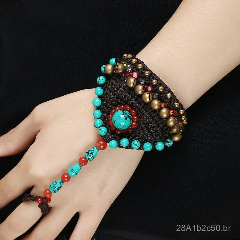 Pulseira de dedo integrada, tecida à mão em estilo étnico, vintage, criativa e personalizada, feita com fio de cera tail