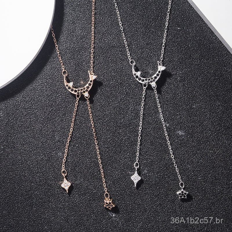 Colar Shijia DUO925 de prata esterlina com estrela e lua, pingente com borla longa, corrente de suéter feminina boêmia c