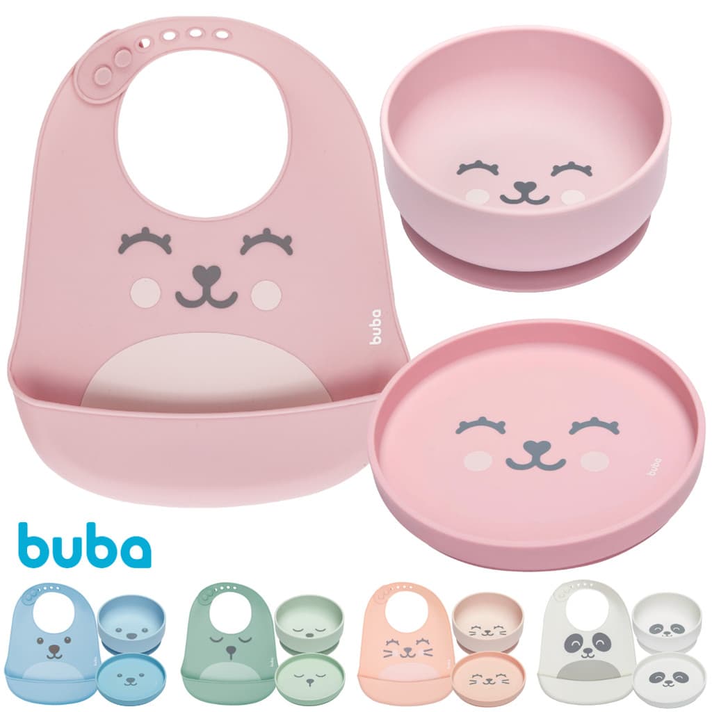 Kit Alimentação Silicone Gumy Buba 3 Peças Prato Bowl Ventosa e Babador Pega Migalhas