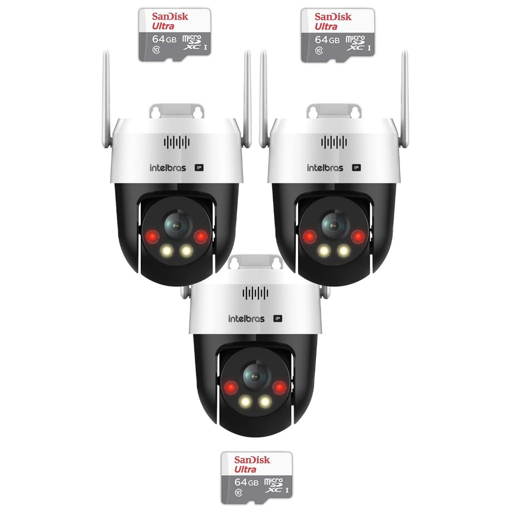 Kit Intelbras 3 Câmeras Vipw 1300 Mini SD IP Speed dome WI-FI cartão 64GB