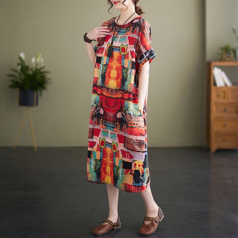 Vestido de linho de algodão feminino 2023 verão novo estilo feminino Retro impresso a linha saia tamanho grande manga cu