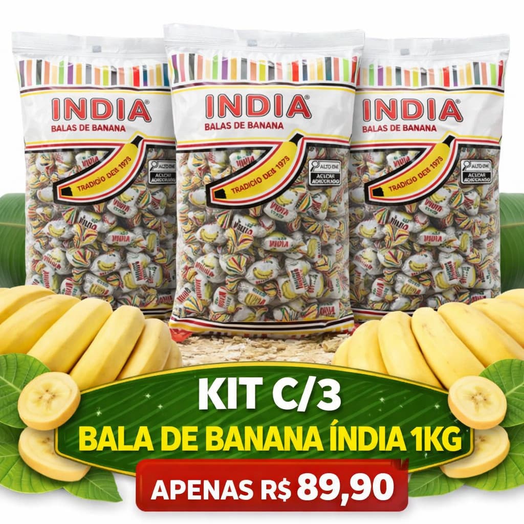 KIT C/3 BALA DE BANANA ÍNDIA 1KG