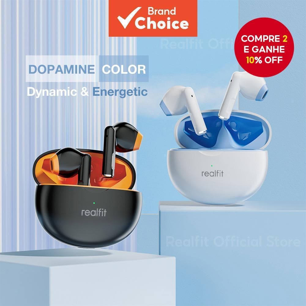Fones de Ouvido Bluetooth Realfit F2 Cor Dopamina Sem Fio com Microfone Som Estéreo de Alta Qualidade Longa Duração de R