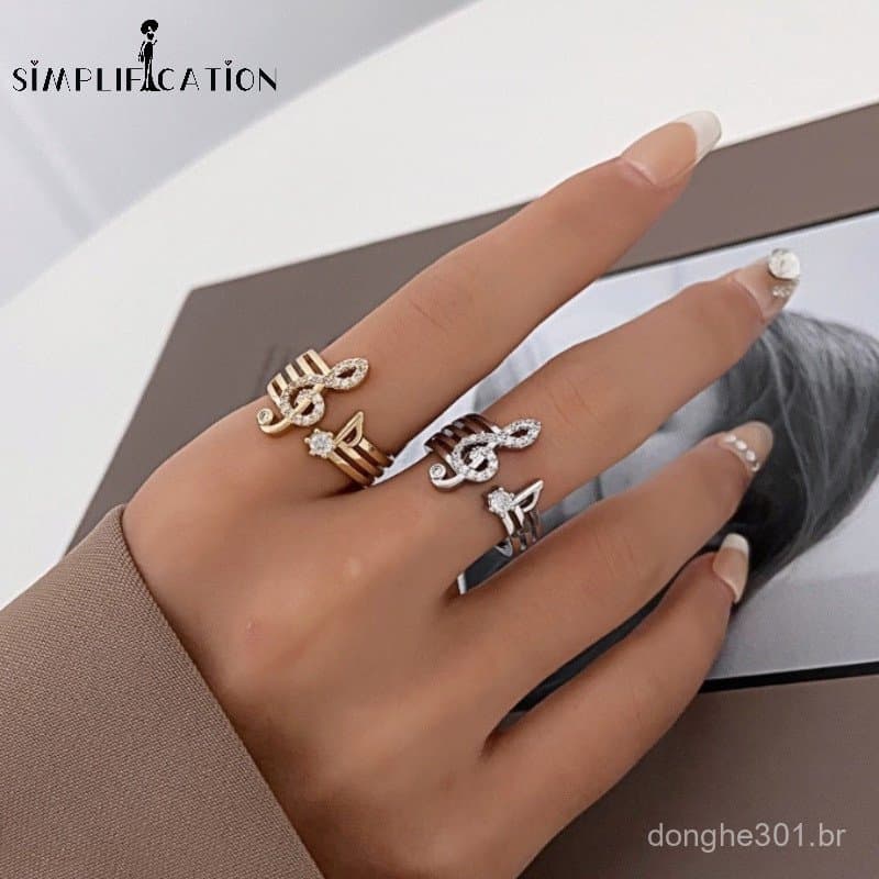 Anel Aberto de Nota Musical com Diamante Brilhante Estilo Coreano / Anel Decorativo de Zircônia com Personalidade e Temp