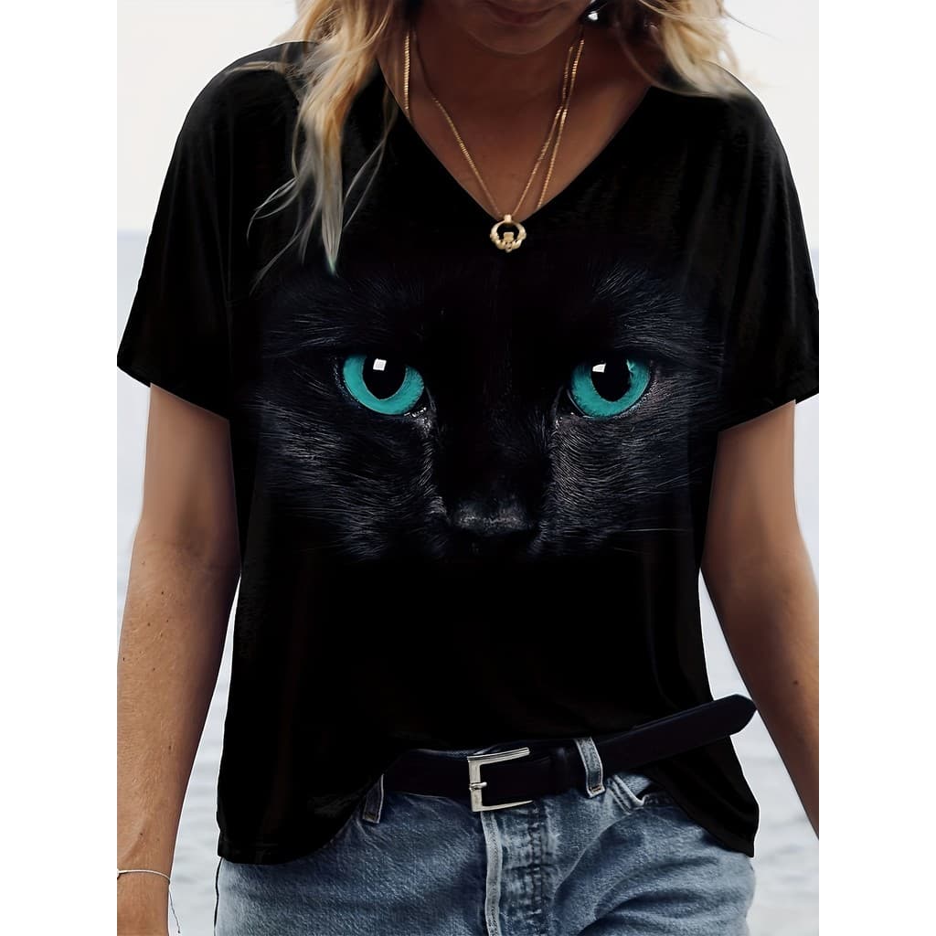 Camiseta Feminina Estampada , Manga Curta De Gato Preto , Casual Fim De Semana Básico Com Decote Em V , Ajuste Regular ,
