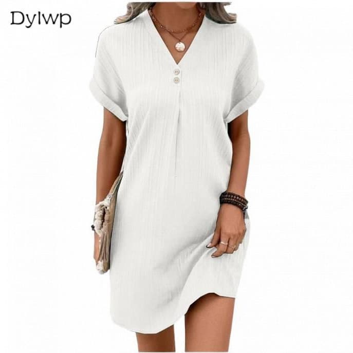 Minivestido Feminino Casual Cor Sólida Manga Curta Com Decote Em V