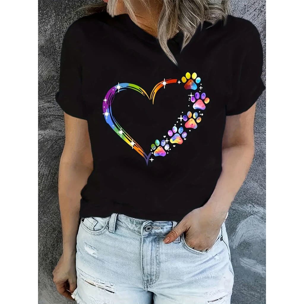 Camiseta Feminina Coração Patinhas 100% Algodao Moda Estilo