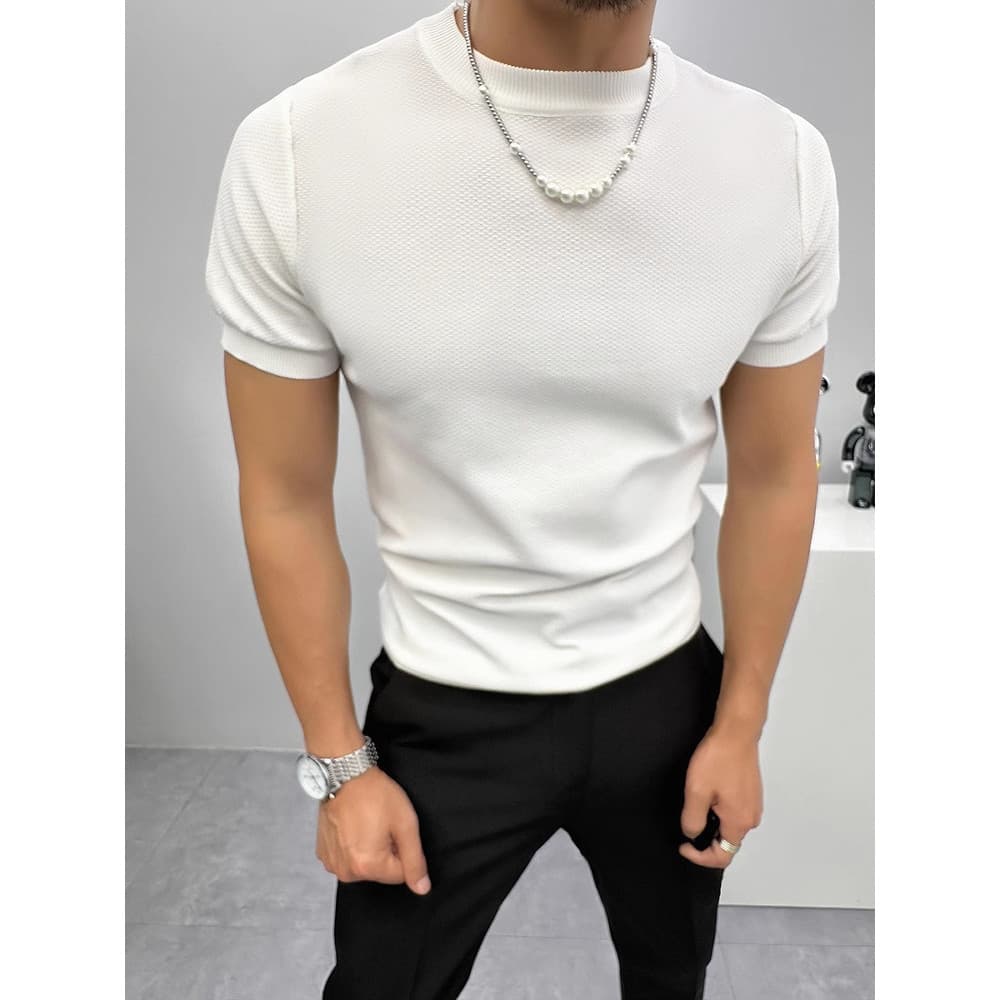 2025 verão novo estilo de malha de manga curta moda masculina Casual em torno do pescoço fino ajuste estiramento respirá