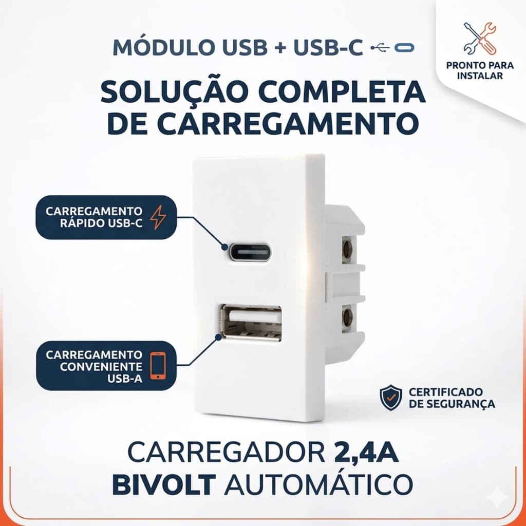 Modulo Tomada USB Duplo USB-C USB-A  2.4a Bivolt Carregamento Inteligente