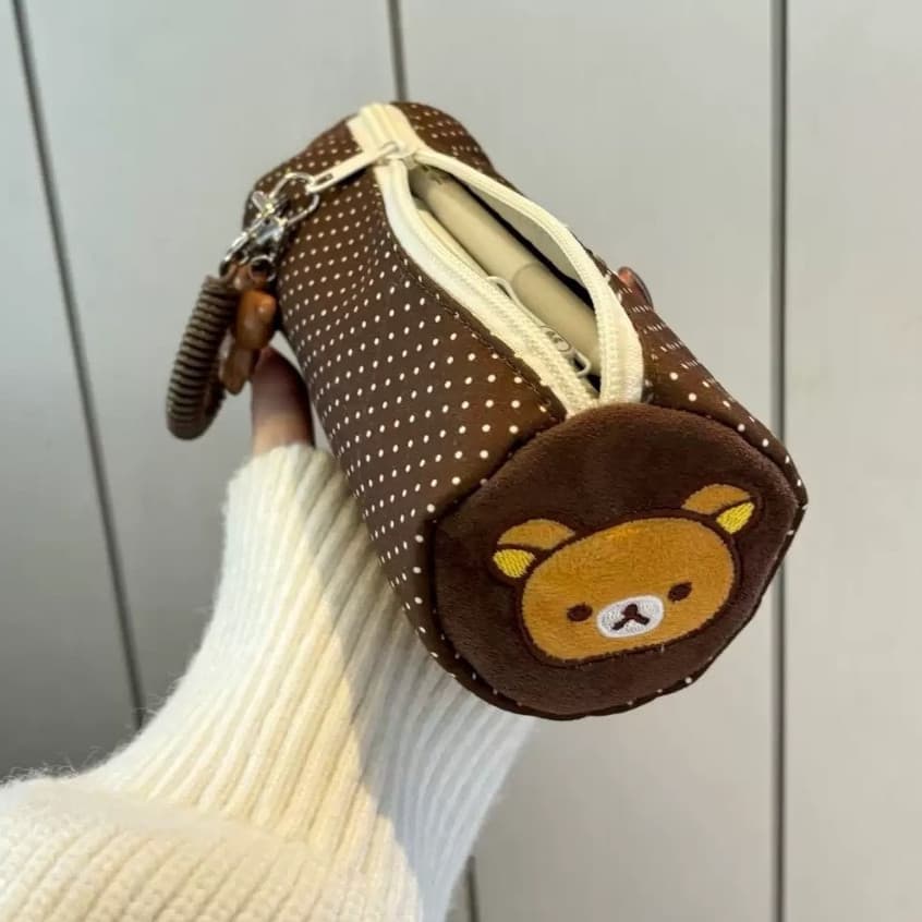 Estojo De Lápis De Grande Capacidade Caixa Urso Feliz De Papelaria De Bolinhas Marrons Bolsa De Maquiagem Cilíndrica Tri