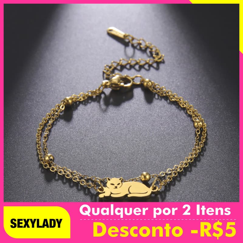 Pulseira de Aço Inoxidável de Dupla Camada para Mulheres com Pingente de Gato Deitado de Duplo Furo, Acessórios, Present