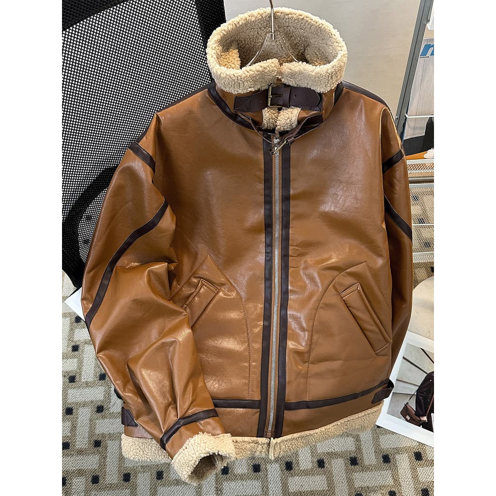 Inverno lapela lã de cordeiro acolchoado jaqueta masculina pele quente de uma peça velo acolchoado jaqueta engrossado mo