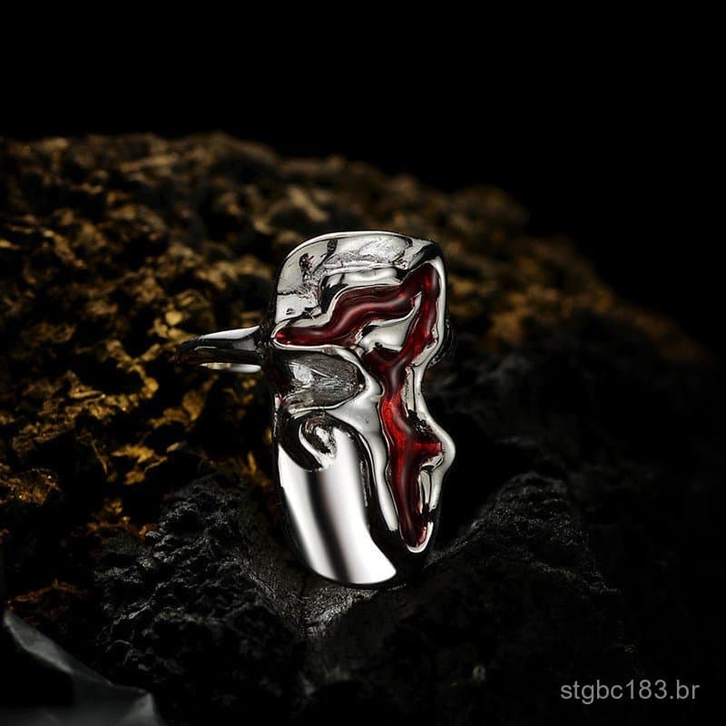 Anel aberto de prata esterlina S925 com design de nicho e estilo chique J1298, textura irregular e esmalte vermelho para