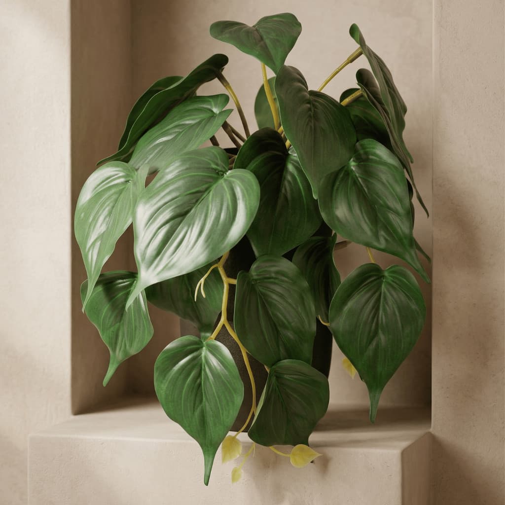Planta Decorativa Pendente Filodendro Coração Plástico 22 Folhas Toque Real 20x19cm Vaso 9x9cm