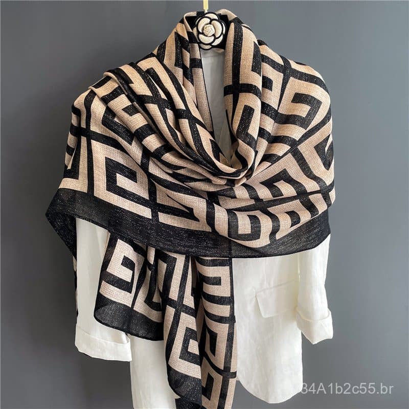 Lenço feminino estilo vintage para viagens na primavera e no verão, lenço versátil em algodão e linho com blocos de cor,