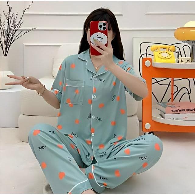 Pijama Feminino Conjunto Manga Curta e Calça Estampa Coração Confortável Verão Roupa de Casa ref 2516