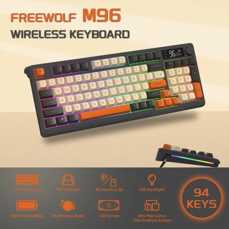 FREEWOLF M96 Teclado Sem Fio Modo Duplo Bluetooth + 2.4G Gradiente Keycaps Display OLED 4000mAh Bateria Longa Para Jogos
