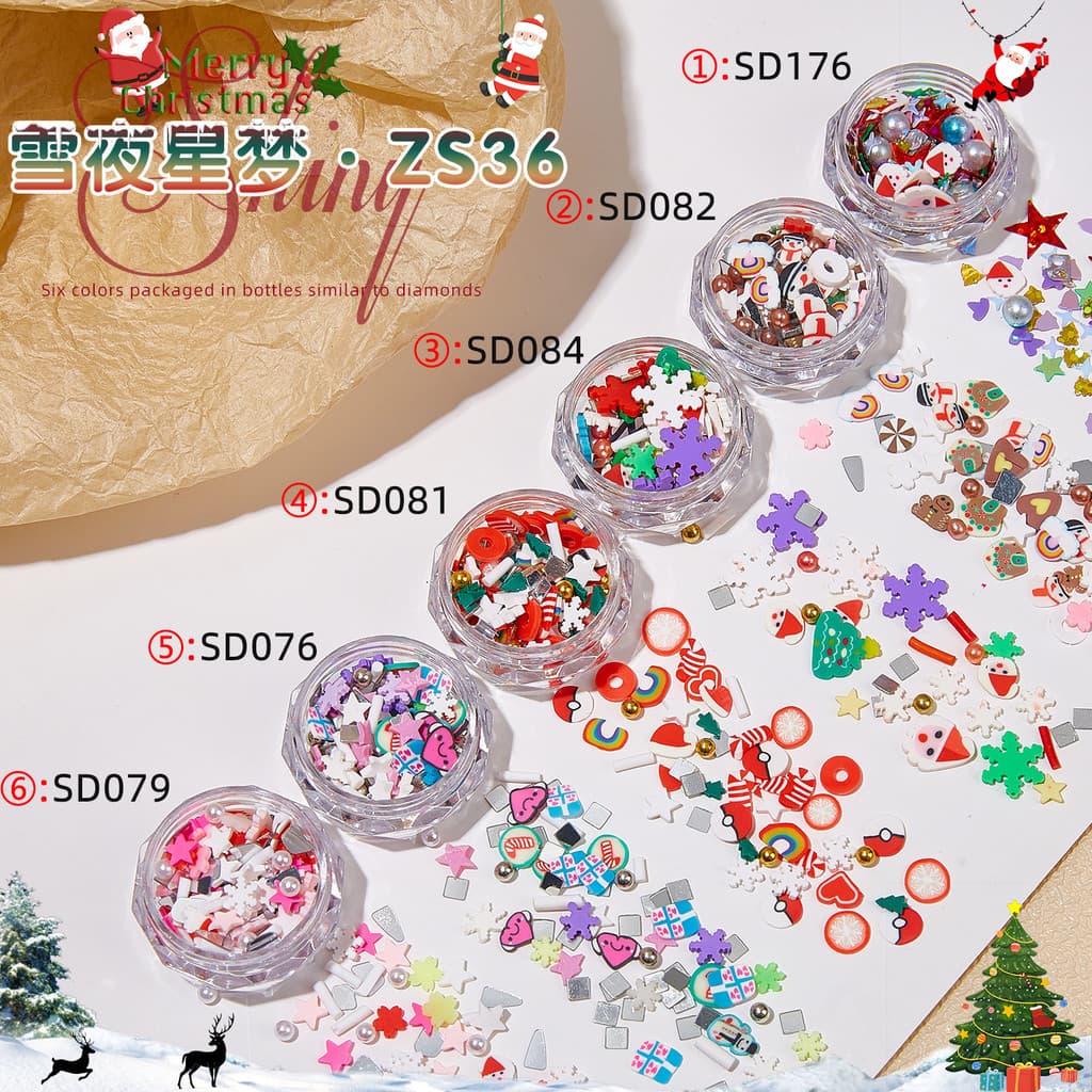 6 cores misturadas floco de neve árvore de natal gengibre homem influenciador manicure ornamentos mistos manicure lantej