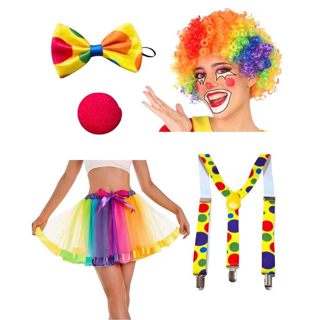 Kit Palhaço Femenina Peruca + Suspensorio + Saia +Gravata + Nariz fantasia carnaval circo animador