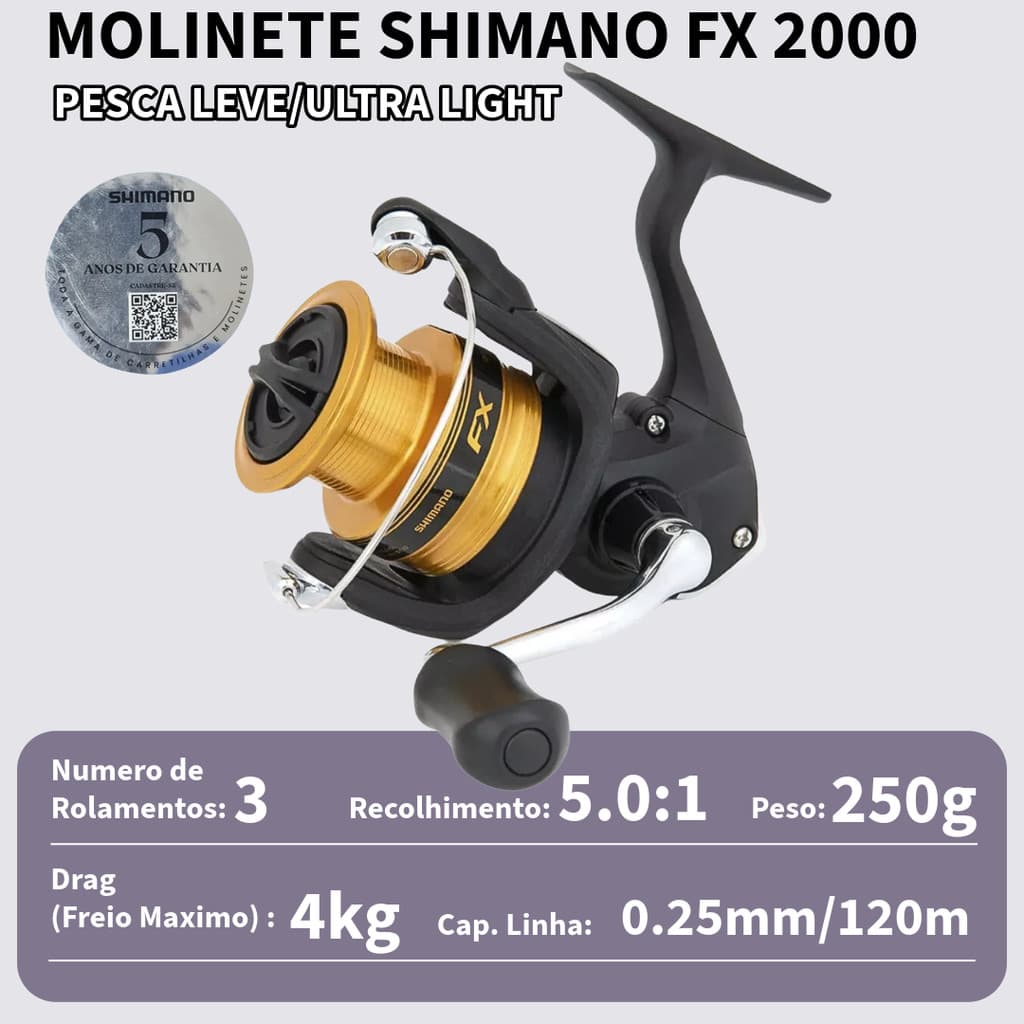 MOLINETE DE PESCA PESCARIA ULTRA LIGHT SHIMANO FX 2000 FC - 3 ROLAMENTOS - DRAG: 4KG - CARRETEL E MANIVELA EM ALUMINIO