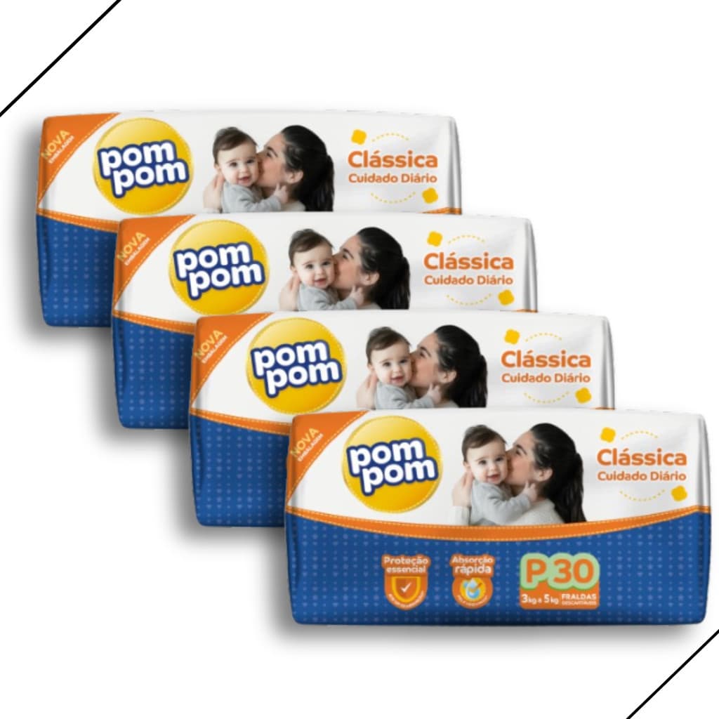 Kit 4 Fralda Descartável Pom Pom Clássica Jumbo Tamanho P - Total 120 Unidades