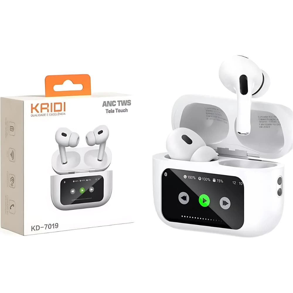 Fone de Ouvido sem fio com Visor Tela Touch Screen Bluetooth TWS KAIDI KD-7019 ANC