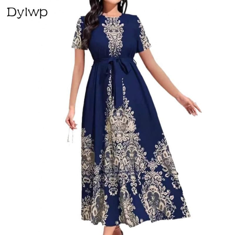 Vestido Longo Azul Feminino Verão Moda Elegante Estampado De Renda De Manga Curta * & -