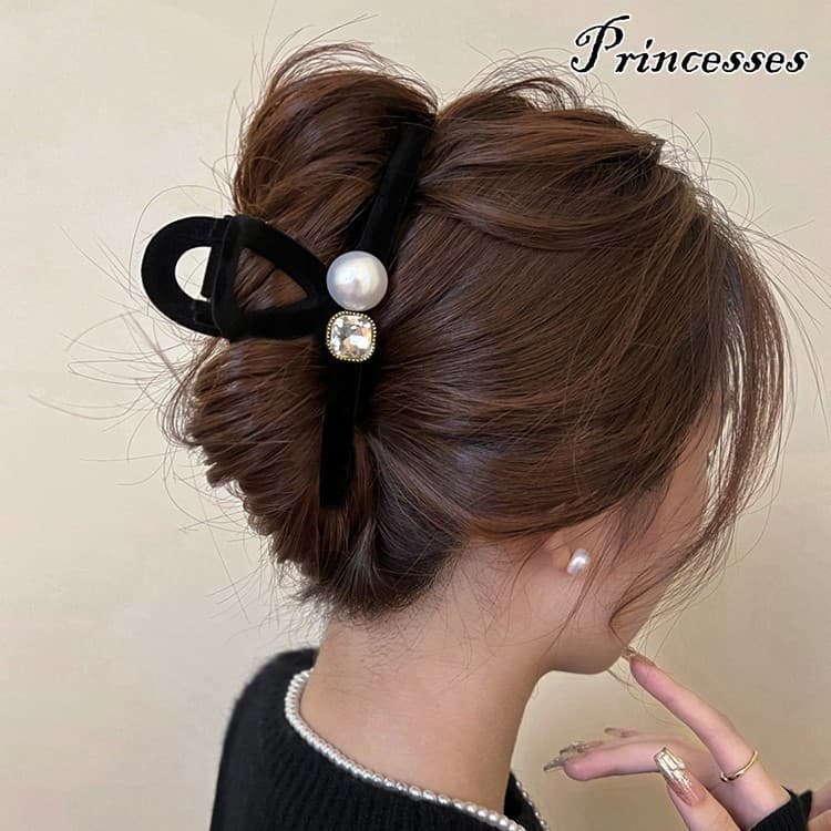 Grandes Grampos De Cabelo De Pérola De Veludo Preto Para Mulheres Elegantes Strass Grampo De Garra Acessórios Da Moda