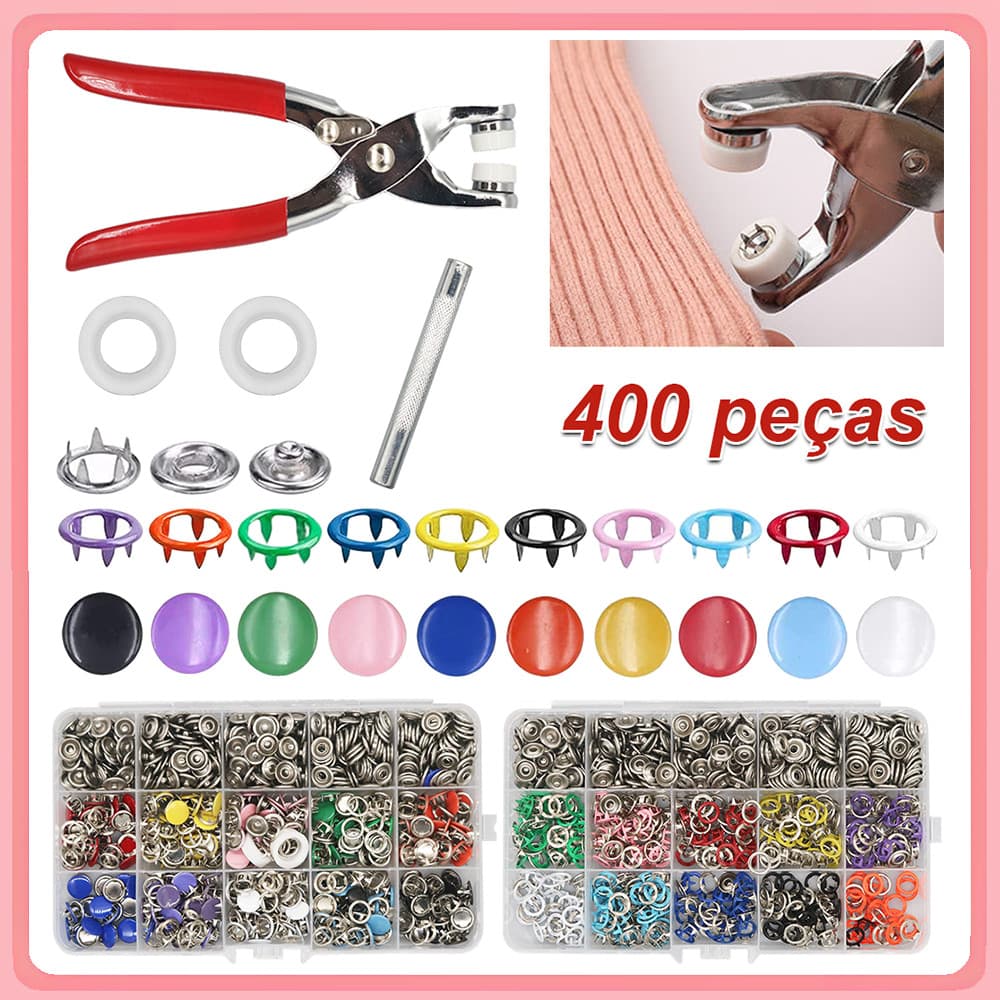 1 alicate de Metal com 400 conjuntos de botões de pressão dez cores (incluindo botões de pressão sólidos ocos) e ferrame