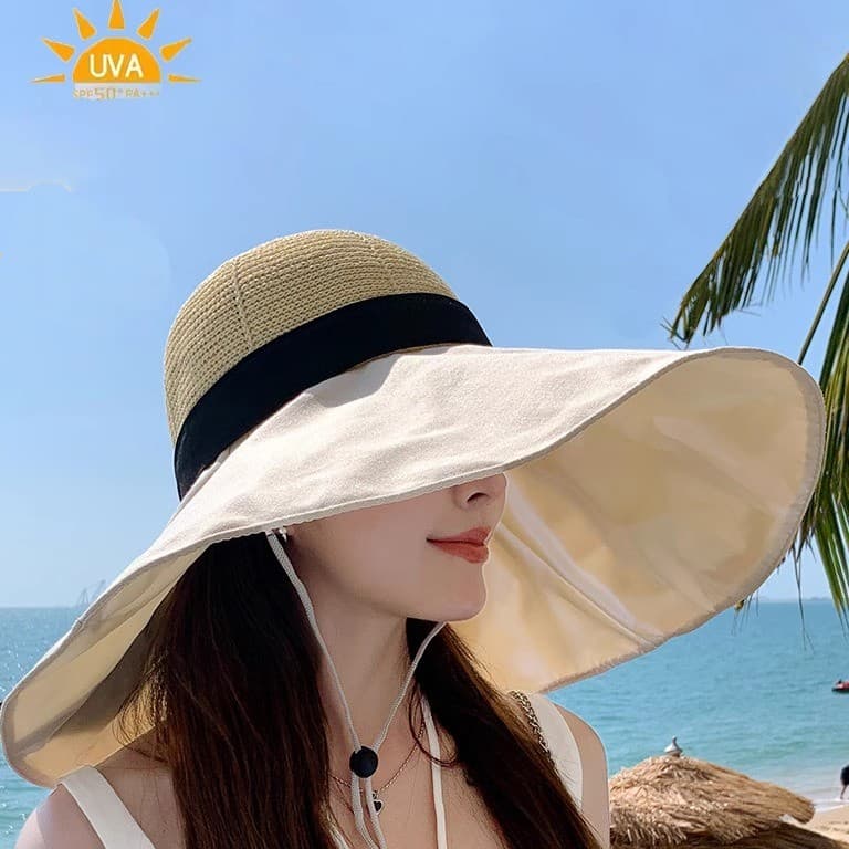 Novo chapéu feminino verão protetor solar chapéu de sol Anti-ultravioleta vinil aba grande balde chapéu oco chapéu de so