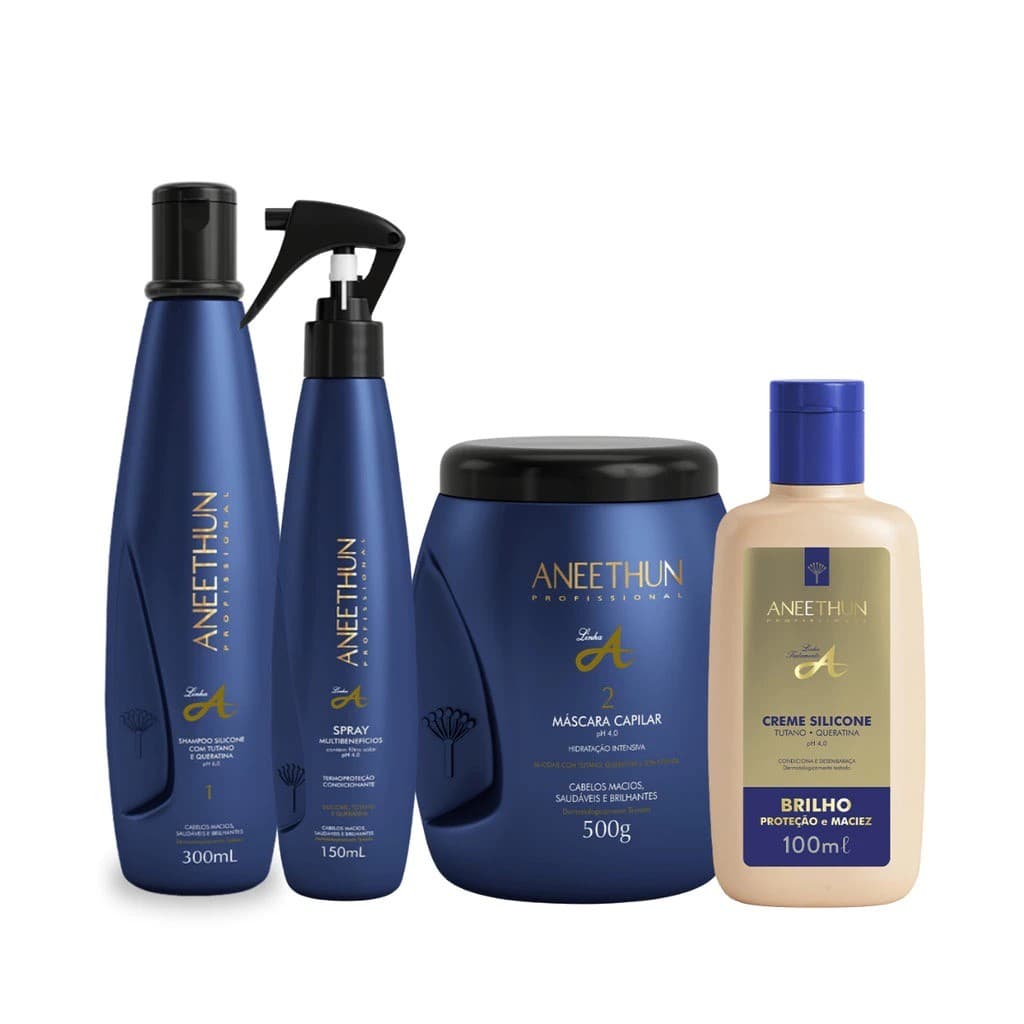 Kit Linha A Shampoo 300mL Máscara 500g Spray 150mL e Creme Silicone 100mL - Aneethun