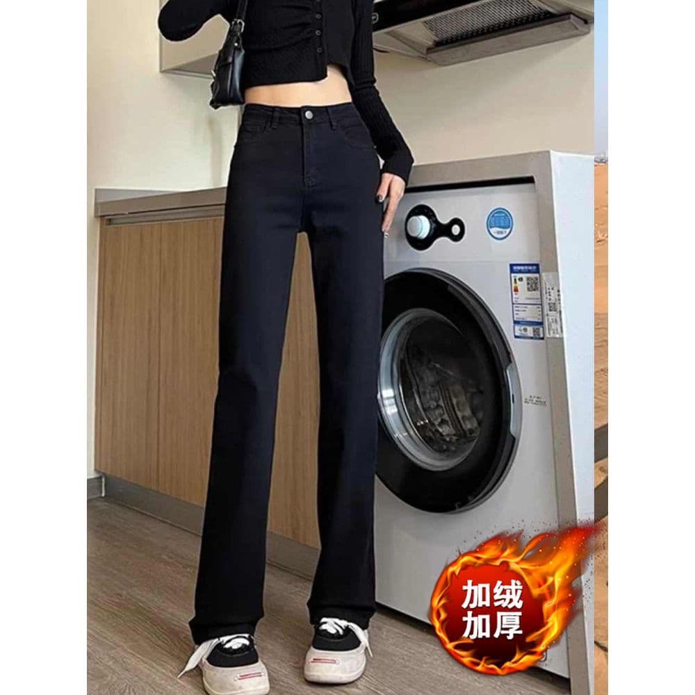 Preto cintura alta versão estreita tubo de cigarro Jeans retos feminino 2024 primavera outono solto mais magro olhar pis