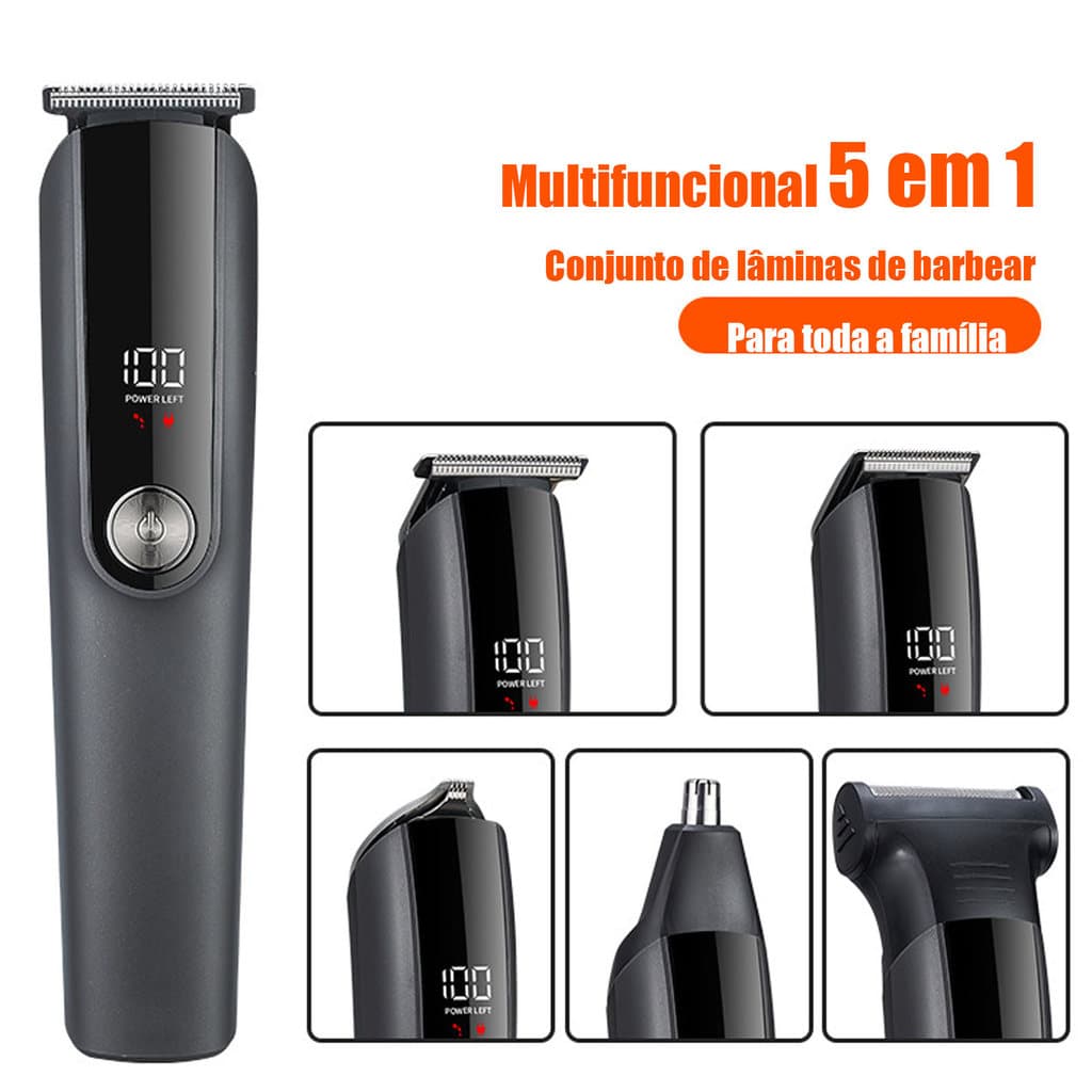 Tosquiador Elétrico 5 em 1 Display Digital Baixo Ruído USB Kit Corte Cabelo Barba Familiar
